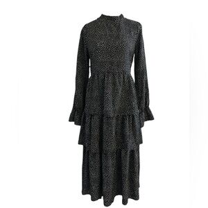 Melloday Black White Polka Dot Tiered Midi Dress Long Sleeve Ruffle Hem S